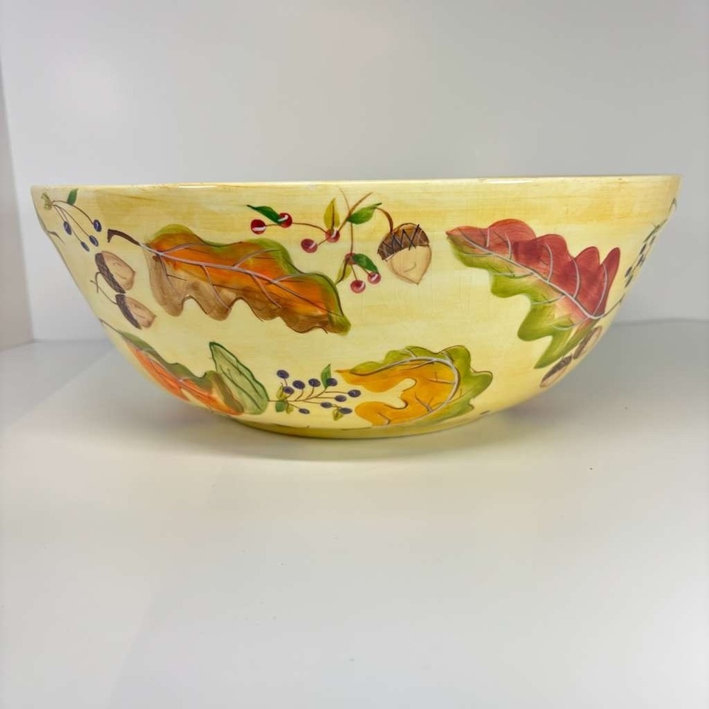 ZRIKE HARVEST LEAVES ACORNS 12 3/8" ROUND SERVING BOWL HAND PAINTED YELLOW